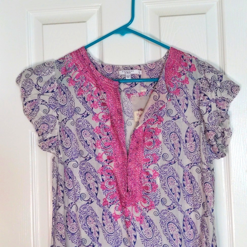Calypso St. Barth Rowena Darjeeling Tunic Dress Pink and Lavender, Bohemian Chic